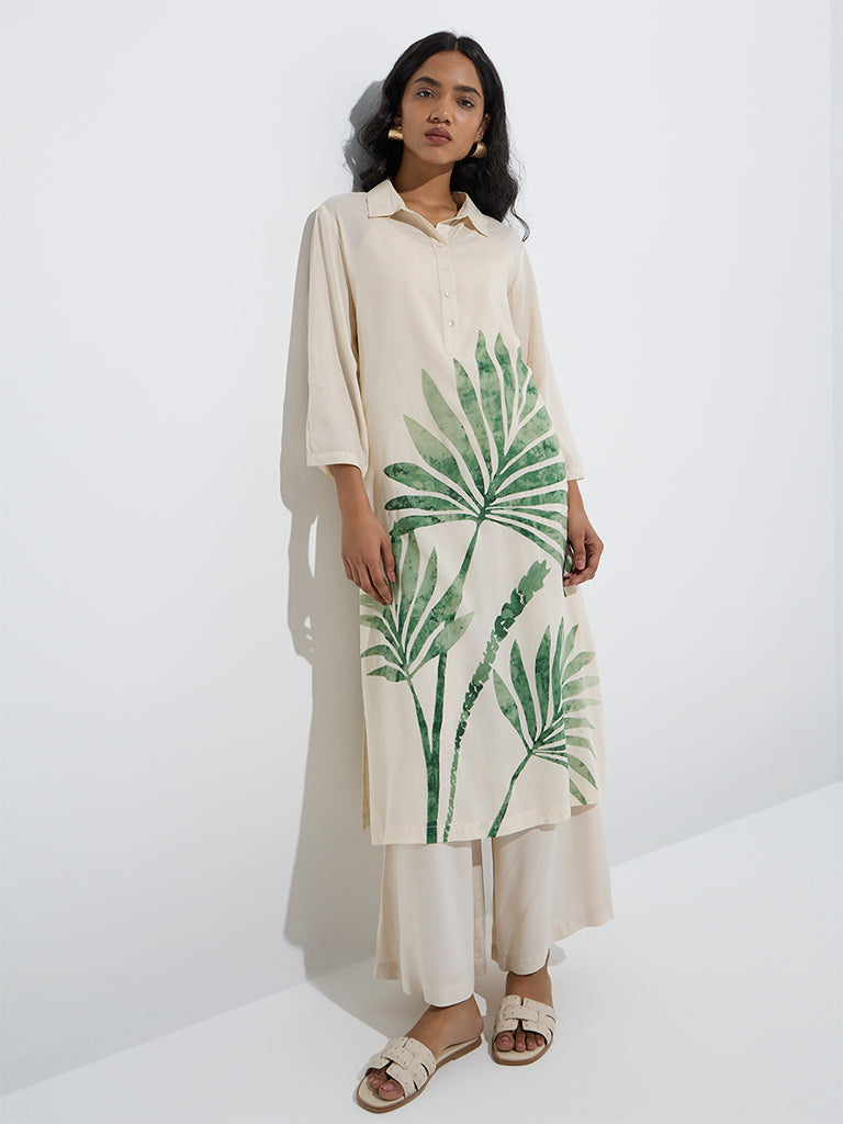 Utsa Off-White Leaf Design A-Line Kurta
