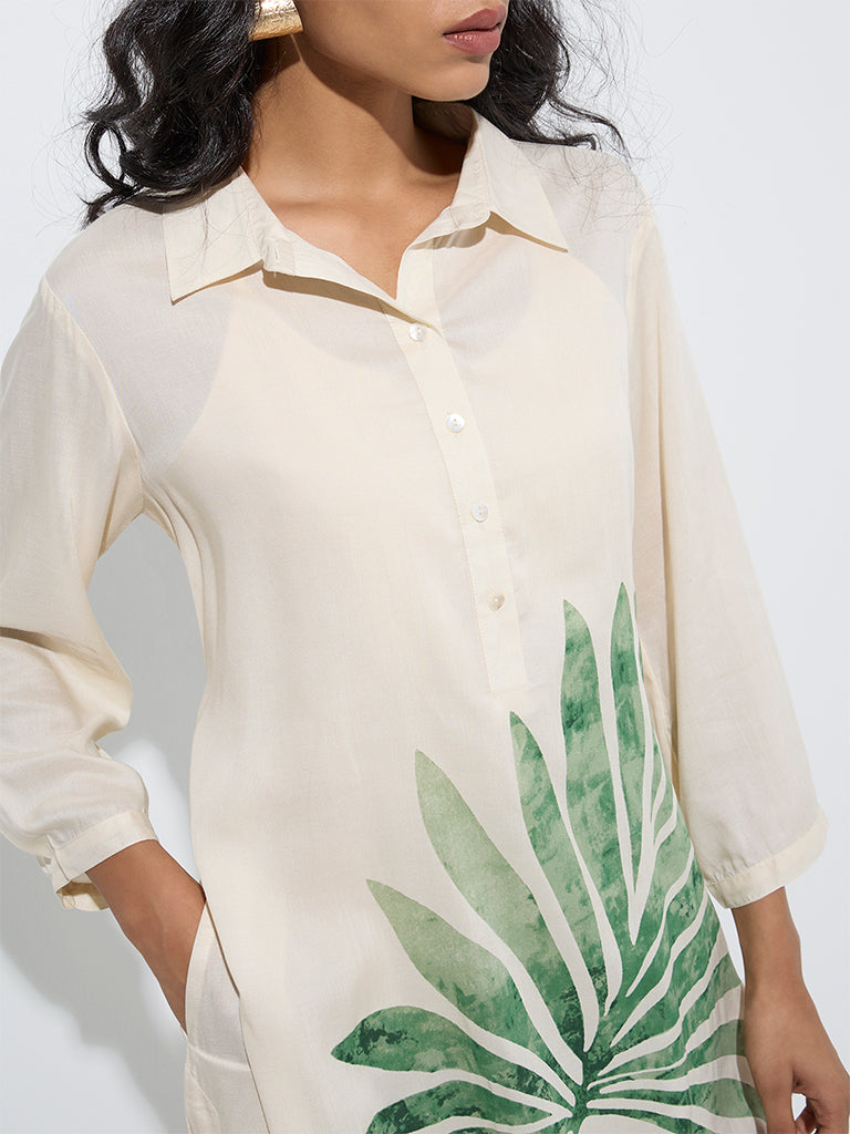 Utsa Off-White Leaf Design A-Line Kurta