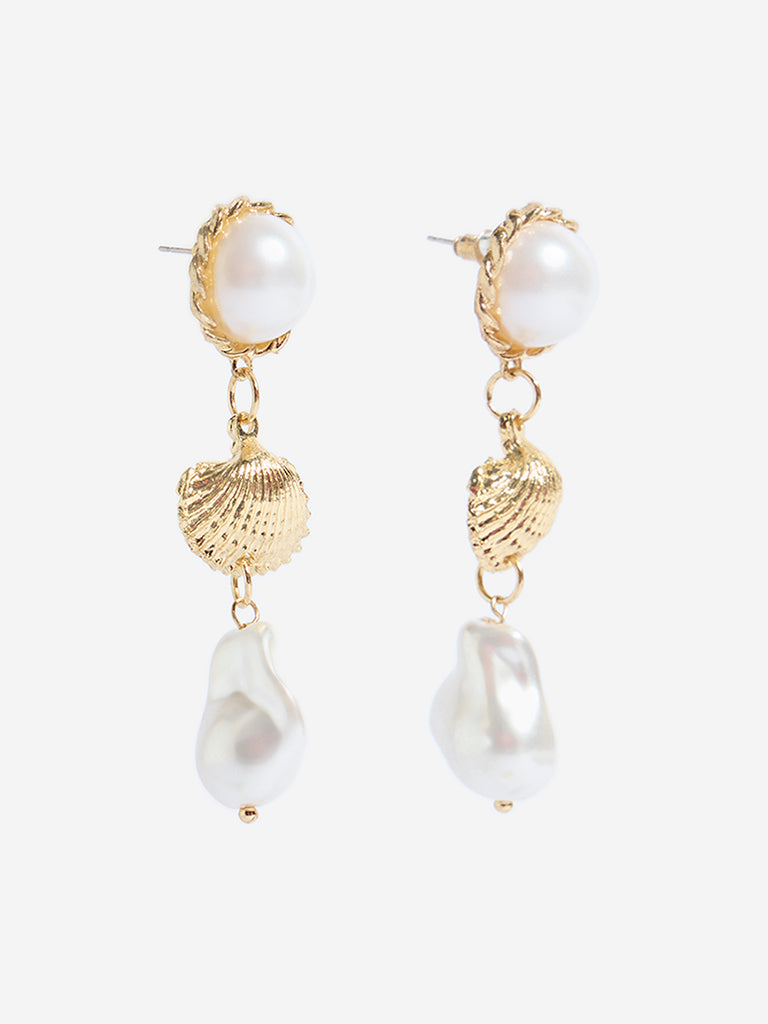 Westside Accessories Gold Shell Pearl Dangler Earrings
