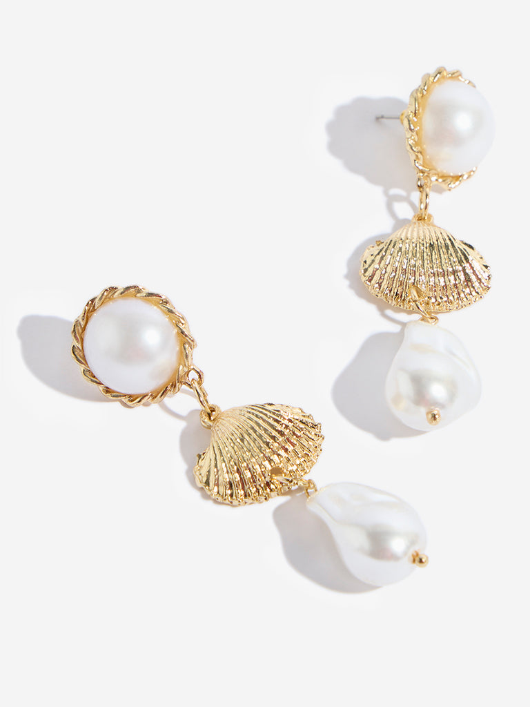 Westside Accessories Gold Shell Pearl Dangler Earrings