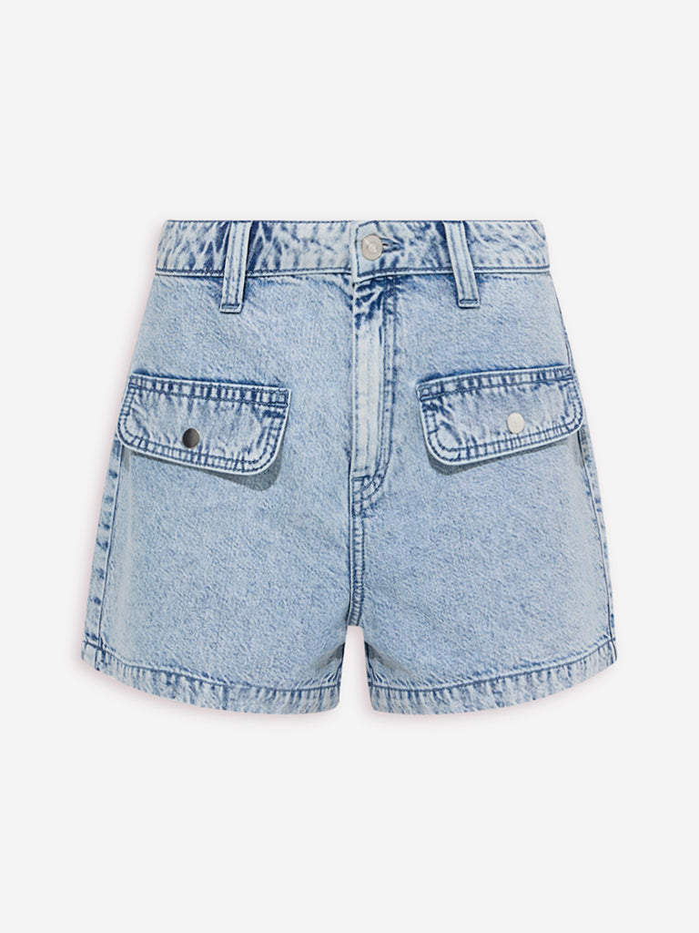 Westside Nuon Women's Light Blue Faded High-Rise Denim Shorts for Casual Wear Flatly View