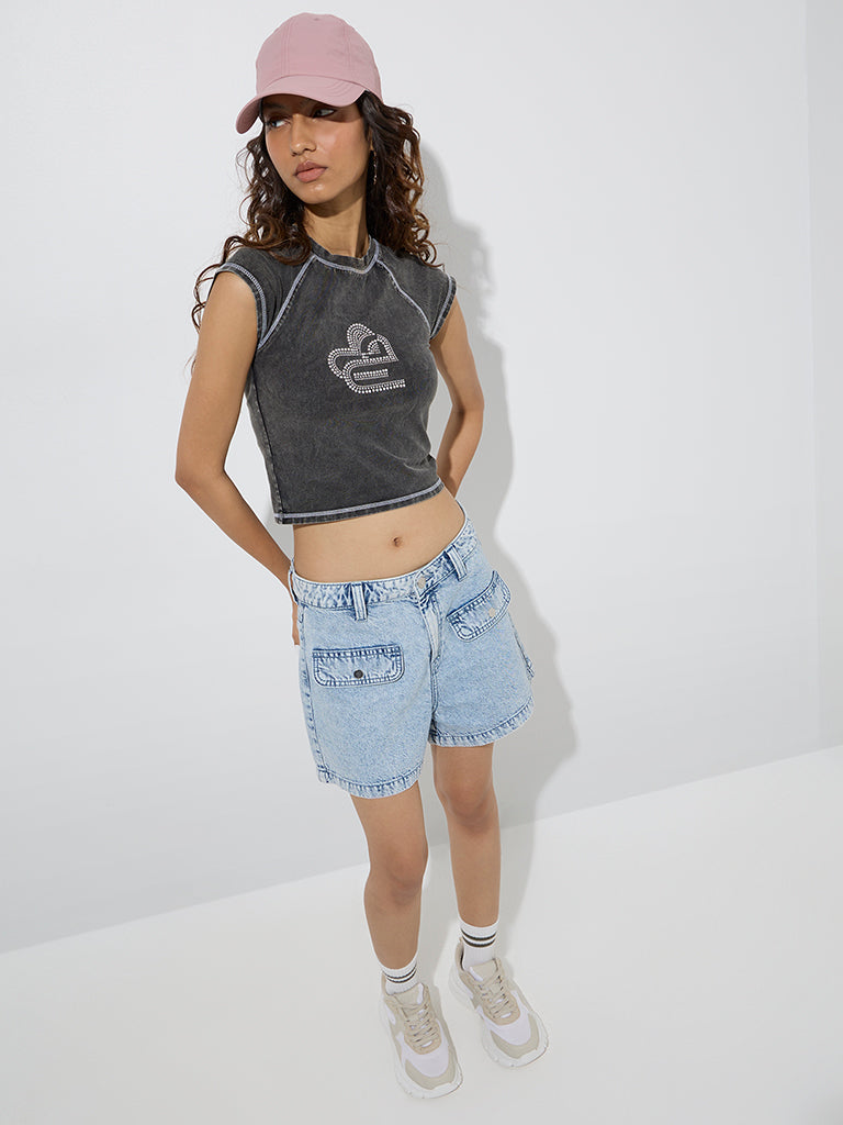 Westside Nuon Women's Light Blue Faded High-Rise Denim Shorts for Casual Wear Full Model View