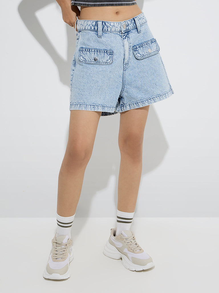 Westside Nuon Women's Light Blue Faded High-Rise Denim Shorts for Casual Wear Front View