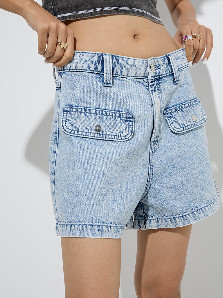 Westside Nuon Women's Light Blue Faded High-Rise Denim Shorts for Casual Wear Zoom View