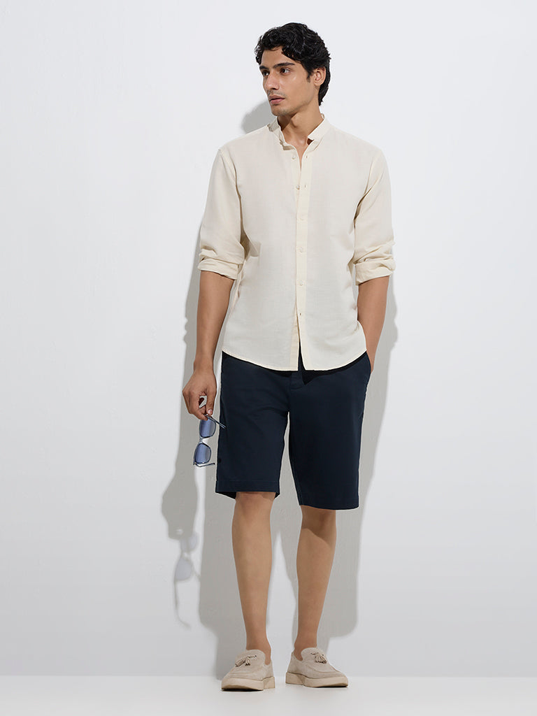 Westside Ascot Men's Light Yellow Relaxed-Fit Linen-Blend Shirt for Casual Wear Full Model View