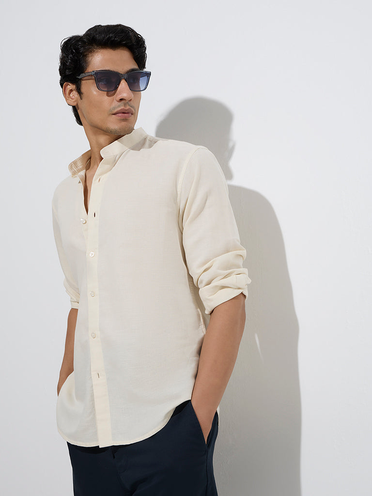 Westside Ascot Men's Light Yellow Relaxed-Fit Linen-Blend Shirt for Casual Wear Front View