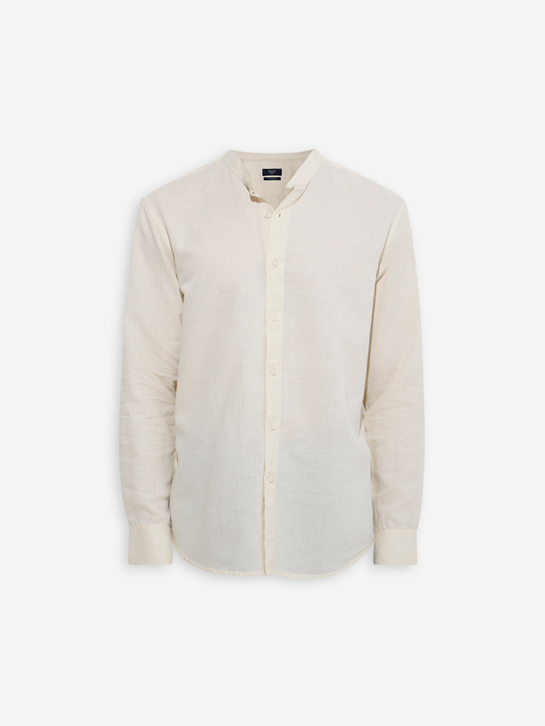 Westside Ascot Men's Light Yellow Relaxed-Fit Linen-Blend Shirt for Casual Wear Flatly View