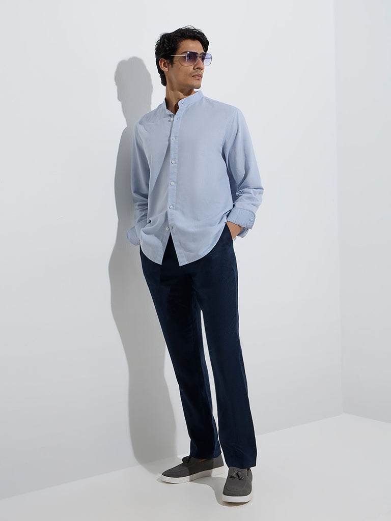 Westside Ascot Men's Light Blue Relaxed-Fit Linen-Blend Shirt for Casual Wear Full Model View