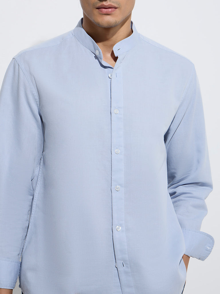 Westside Ascot Men's Light Blue Relaxed-Fit Linen-Blend Shirt for Casual Wear Zoom View
