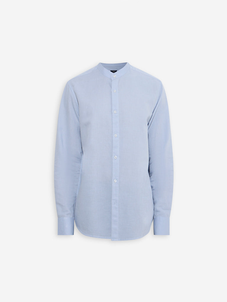 Westside Ascot Men's Light Blue Relaxed-Fit Linen-Blend Shirt for Casual Wear Flatly View