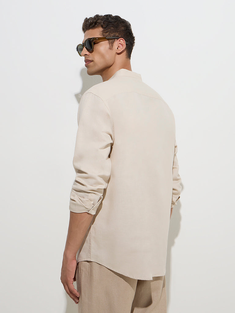 westisde Ascot Men's Beige Relaxed-Fit Linen-Blend Shirt for Casual Wear Back View