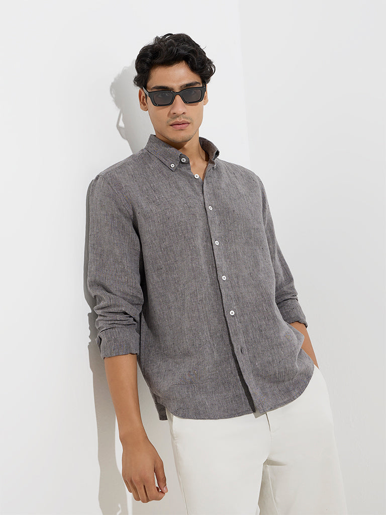 Westside Ascot Men's Charcoal Relaxed-Fit Linen Shirt for Casual Wear Front View