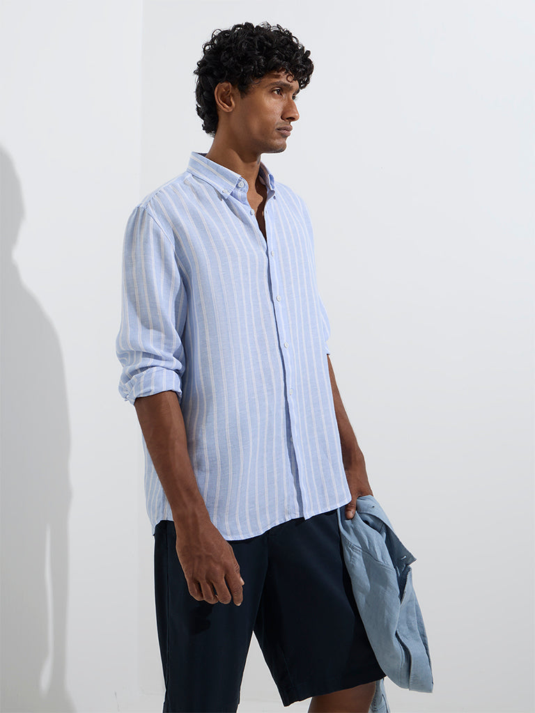 Ascot Light Blue Striped Relaxed-Fit Linen Shirt