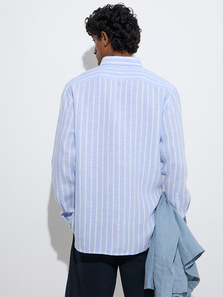 Ascot Light Blue Striped Relaxed-Fit Linen Shirt