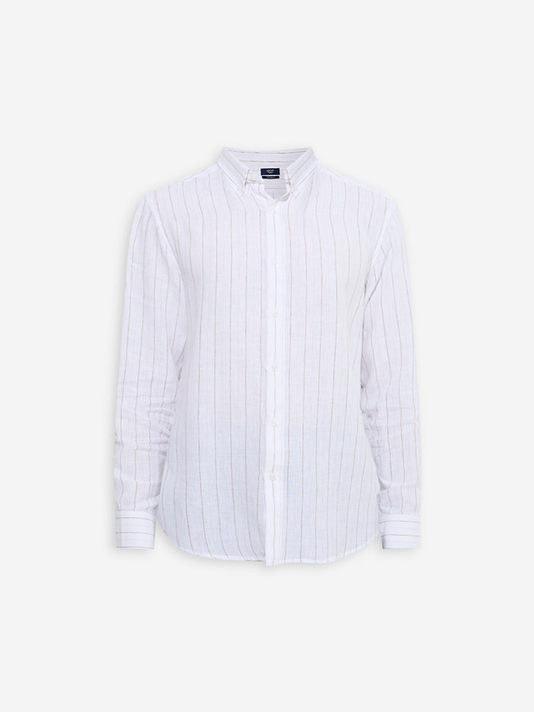 Westside Ascot Men's White Stripe Printed Relaxed-Fit Linen Shirt for Casual Wear Flatly View