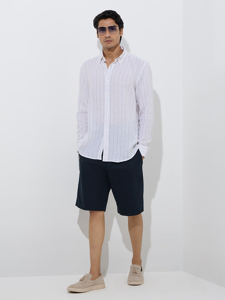 Westside Ascot Men's White Stripe Printed Relaxed-Fit Linen Shirt for Casual Wear Full Model View