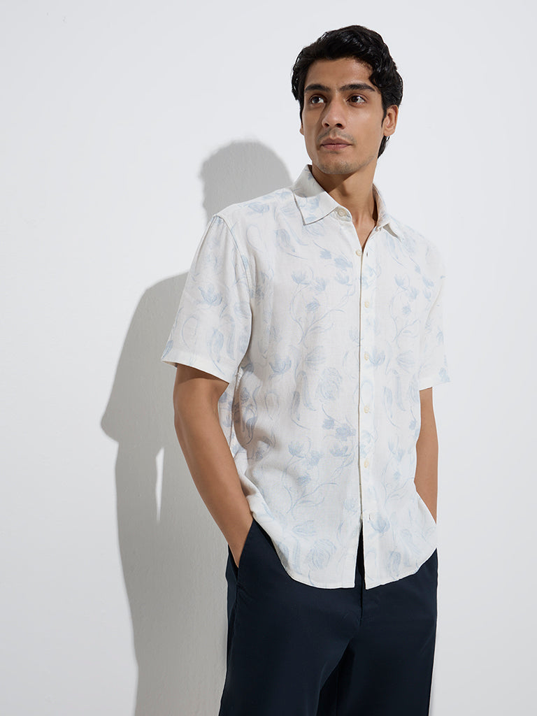 Westside Ascot Men's Off-White Floral Pattern Relaxed-Fit Shirt for Casual Wear Front View