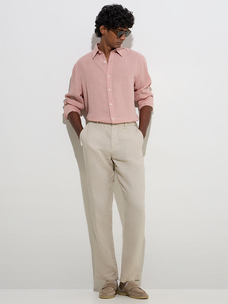 westisde Ascot Men's Light Pink Solid Relaxed-Fit Linen Shirt for Casual Wear Full Model View