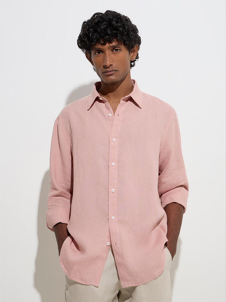 westisde Ascot Men's Light Pink Solid Relaxed-Fit Linen Shirt for Casual Wear Front View