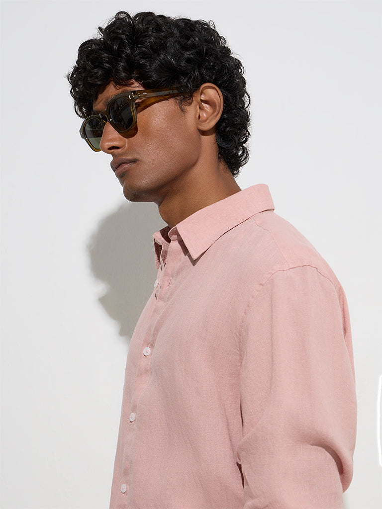 westisde Ascot Men's Light Pink Solid Relaxed-Fit Linen Shirt for Casual Wear Zoom View