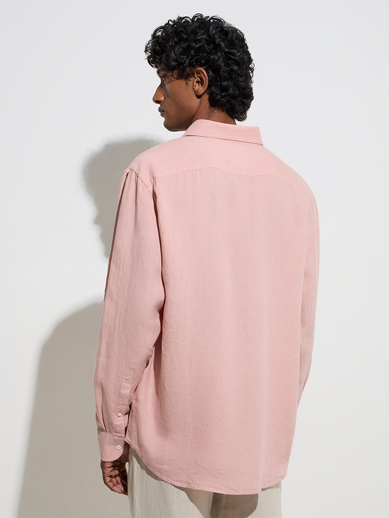 westisde Ascot Men's Light Pink Solid Relaxed-Fit Linen Shirt for Casual Wear Back View