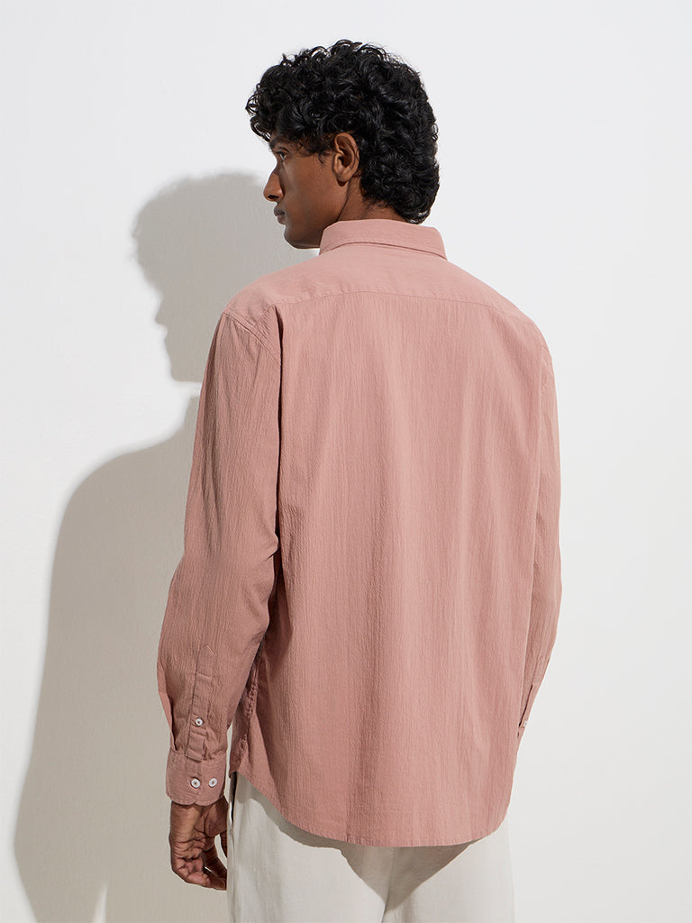westisde Ascot Men's Dusty Pink Textured Relaxed-Fit Cotton-Blend Shirt for Casual Wear Back View