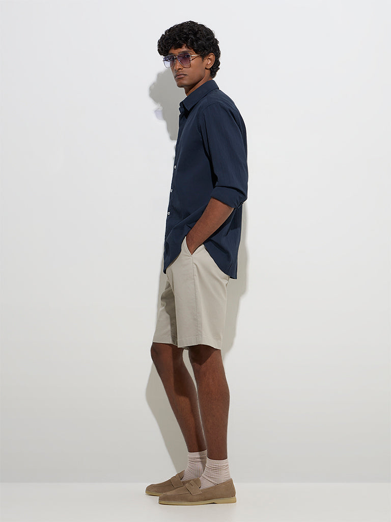 Ascot Navy Crinkle-Textured Relaxed-Fit Cotton-Blend Shirt