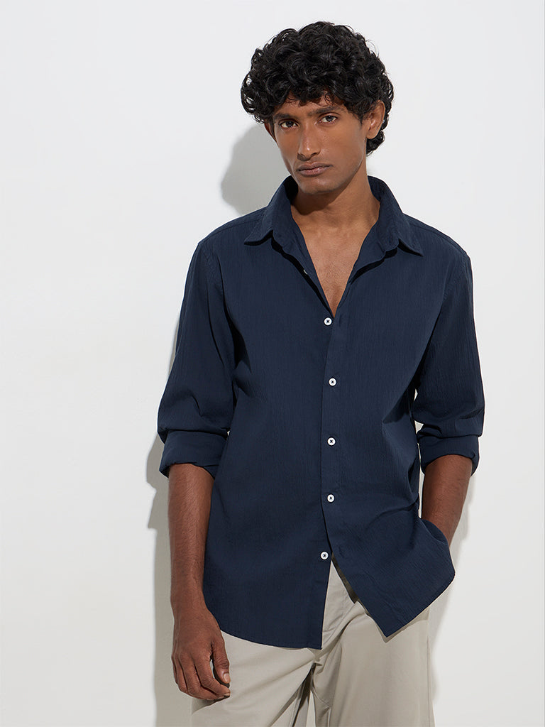 Ascot Navy Crinkle-Textured Relaxed-Fit Cotton-Blend Shirt