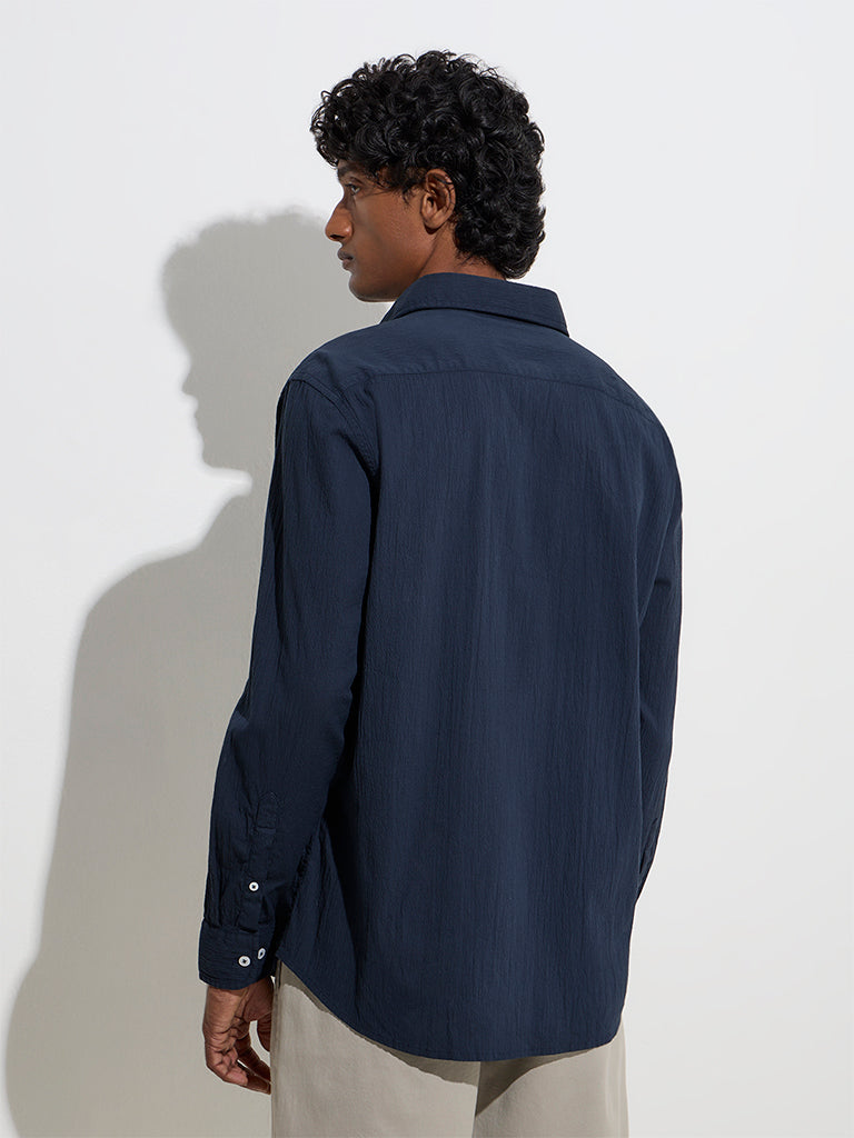 westisde Ascot Men's Navy Crinkle-Textured Relaxed-Fit Cotton-Blend Shirt for Casual Wear Back View