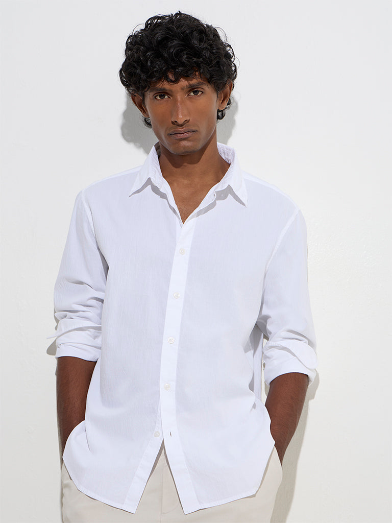 westisde Ascot Men's White Self-Textured Relaxed-Fit Cotton-Blend Shirt for Casual Wear Front View