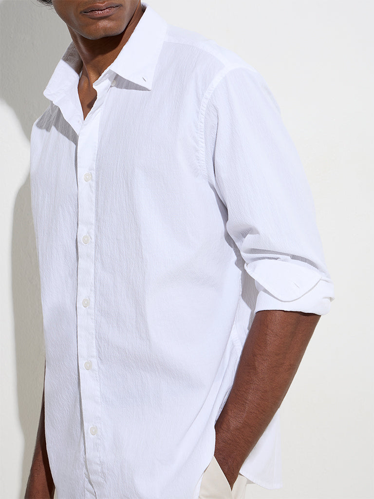 westisde Ascot Men's White Self-Textured Relaxed-Fit Cotton-Blend Shirt for Casual Wear Zoom View