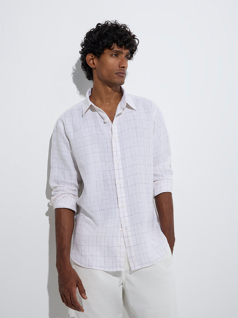 westisde Ascot Men's Off-White Checks Printed Relaxed-Fit Linen Shirt for Casual Wear Front View