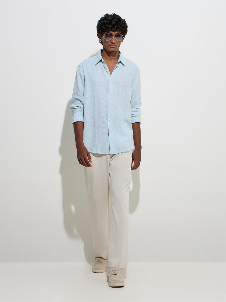 westisde Ascot Men's Light Blue Striped Relaxed-Fit Linen Shirt for Casual Wear Full Model View