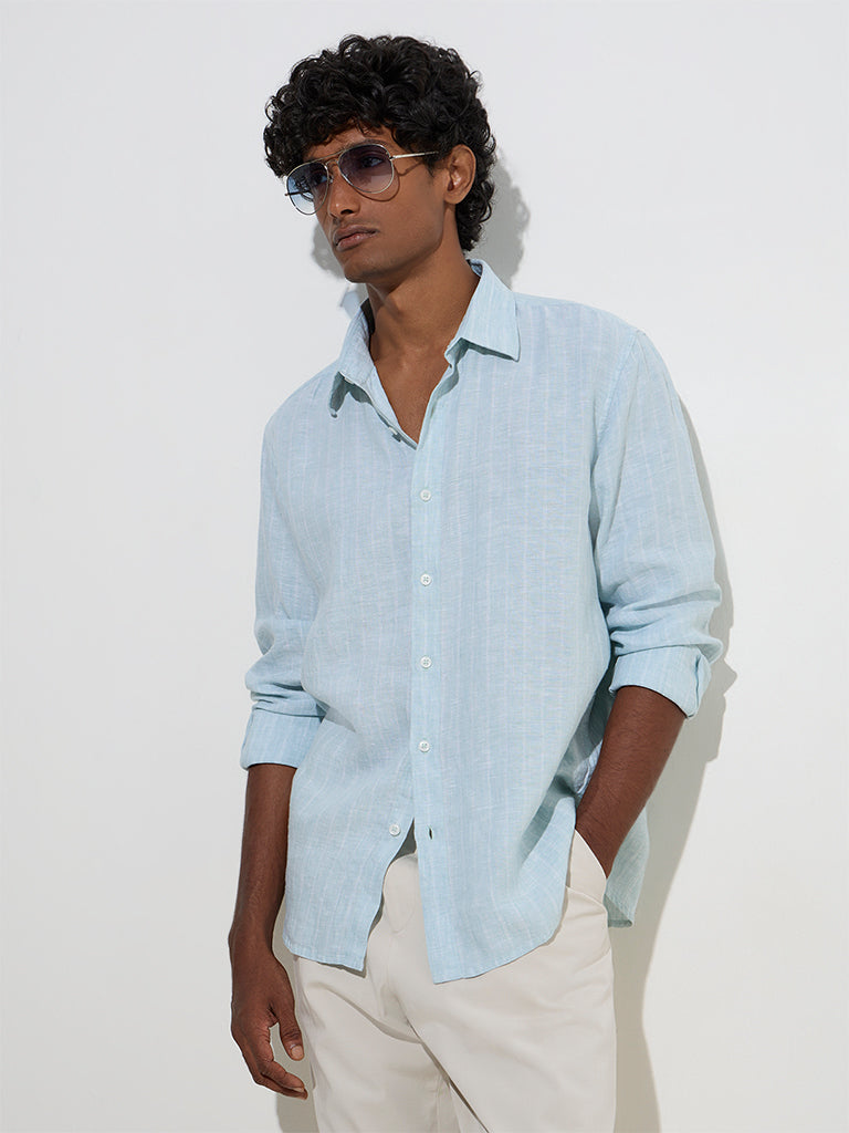 westisde Ascot Men's Light Blue Striped Relaxed-Fit Linen Shirt for Casual Wear Front View