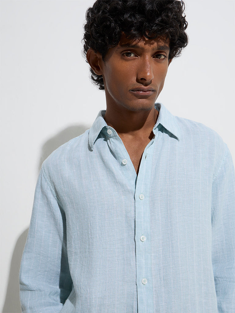 westisde Ascot Men's Light Blue Striped Relaxed-Fit Linen Shirt for Casual Wear Zoom View