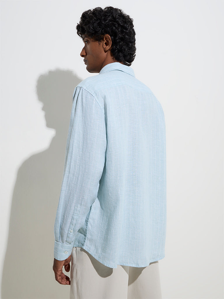 westisde Ascot Men's Light Blue Striped Relaxed-Fit Linen Shirt for Casual Wear Back View