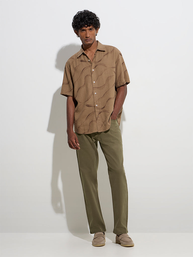 westisde Ascot Men's Taupe Abstract Pattern Relaxed-Fit Shirt for Casual Wear Full Model View