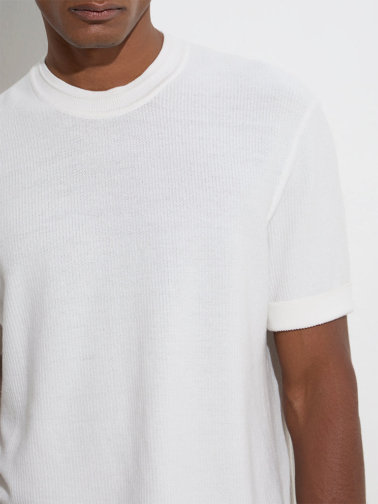 Ascot White Knit-Textured Relaxed-Fit Cotton Blend T-Shirt