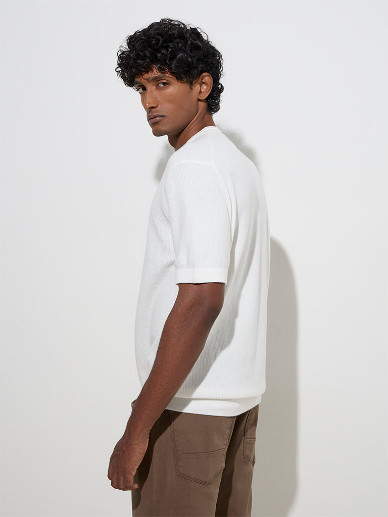 westisde Ascot Men's White Knit-Textured Relaxed-Fit Cotton Blend T-Shirt for Casual Wear Back View