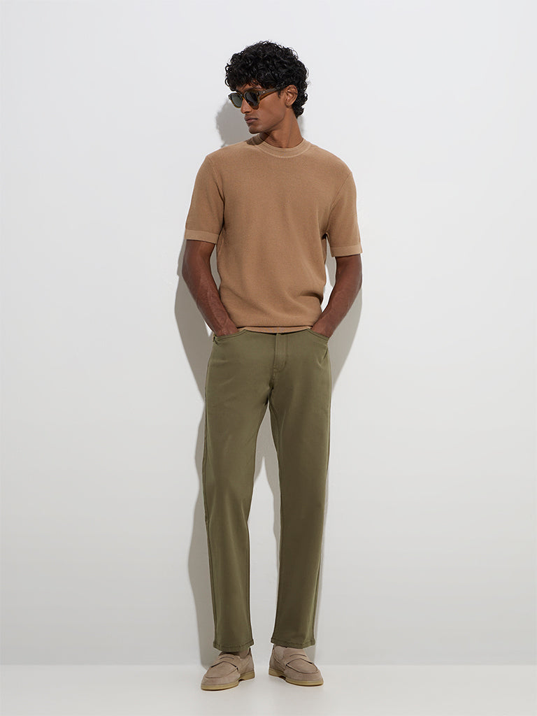 Ascot Brown Knit-Textured Relaxed-Fit Cotton Blend T-Shirt