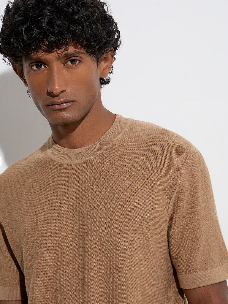 Ascot Brown Knit-Textured Relaxed-Fit Cotton Blend T-Shirt