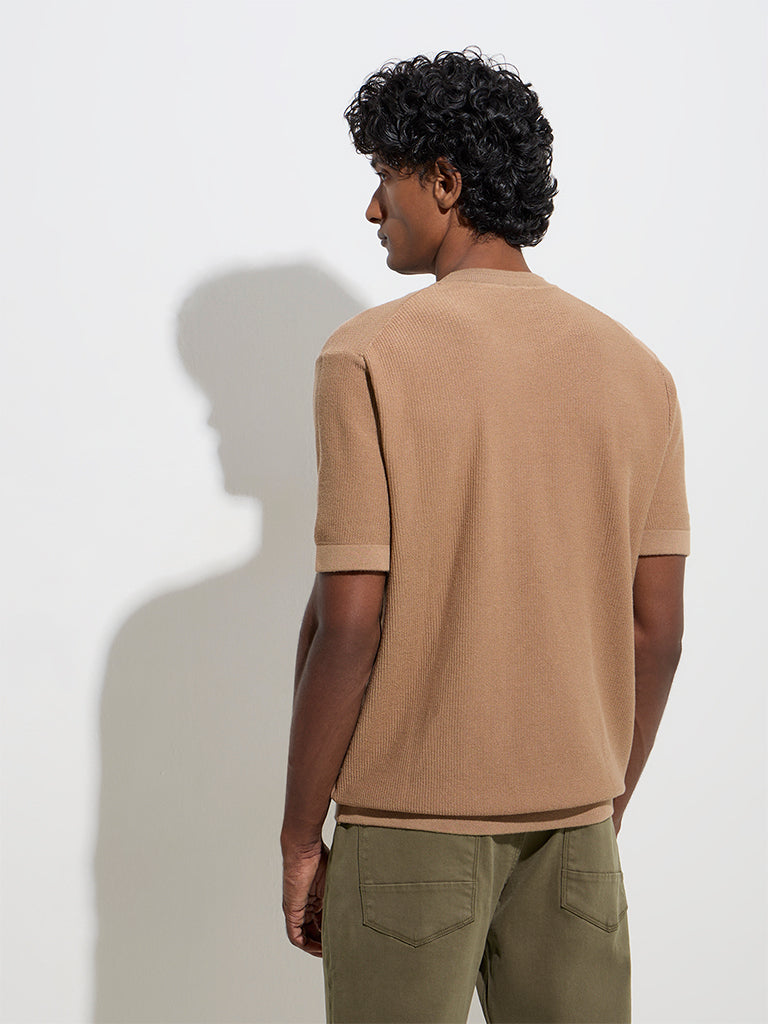 Ascot Brown Knit-Textured Relaxed-Fit Cotton Blend T-Shirt