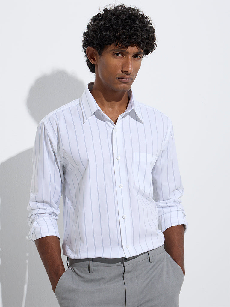 Westside WES Formals Men's White Striped Relaxed-Fit Cotton Shirt for Work Wear Front View