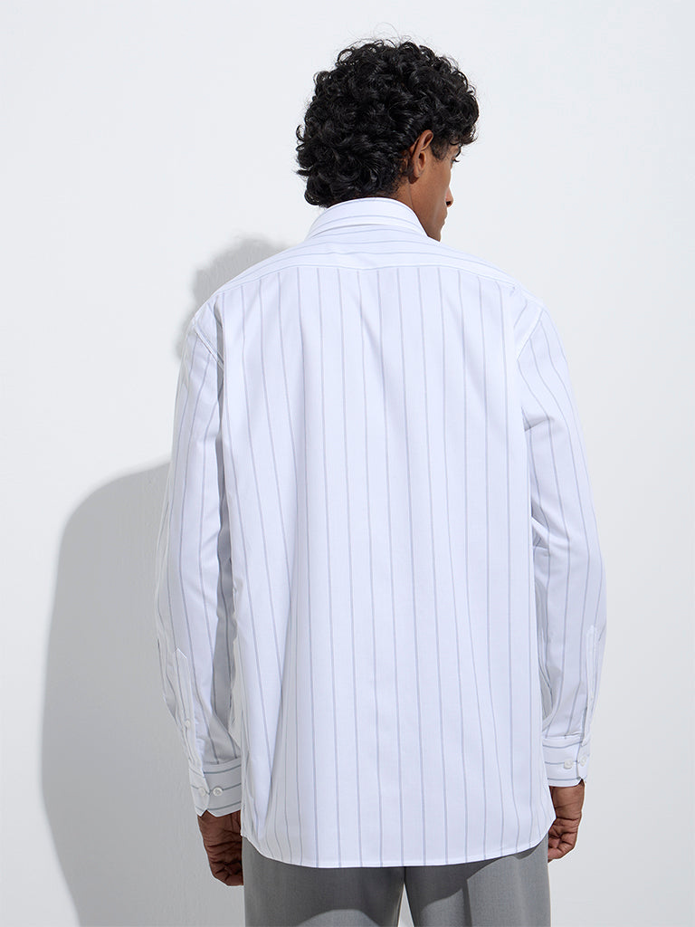 Westside WES Formals Men's White Striped Relaxed-Fit Cotton Shirt for Work Wear Back View
