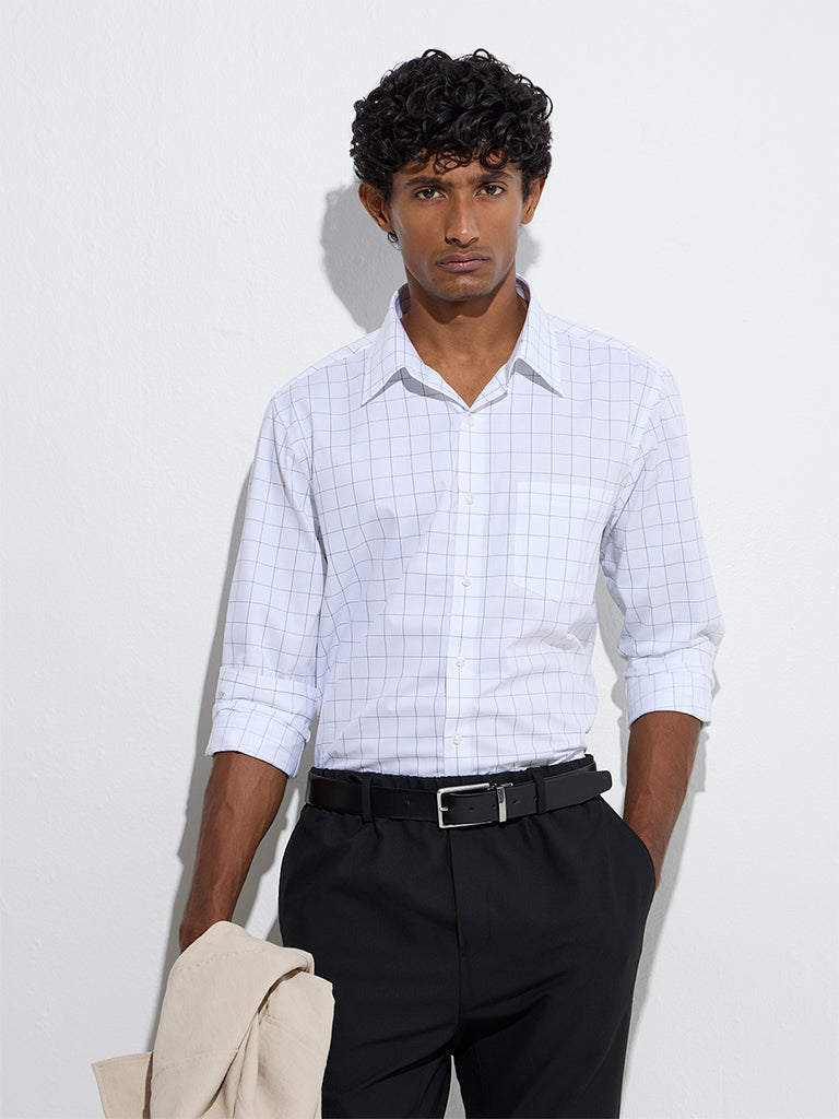 Westside WES Formals Men's White Checks Design Slim-Fit Cotton Shirt for Work Wear Front View
