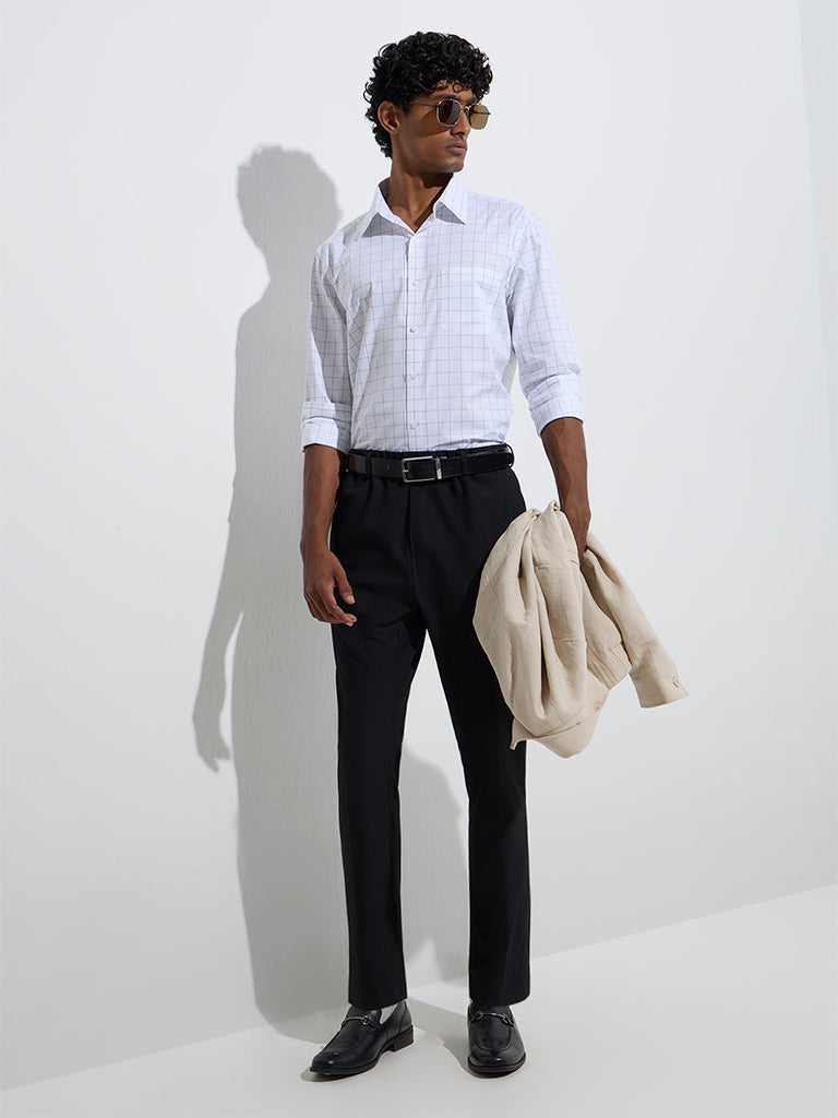 Westside WES Formals Men's White Checks Design Slim-Fit Cotton Shirt for Work Wear Full Model View