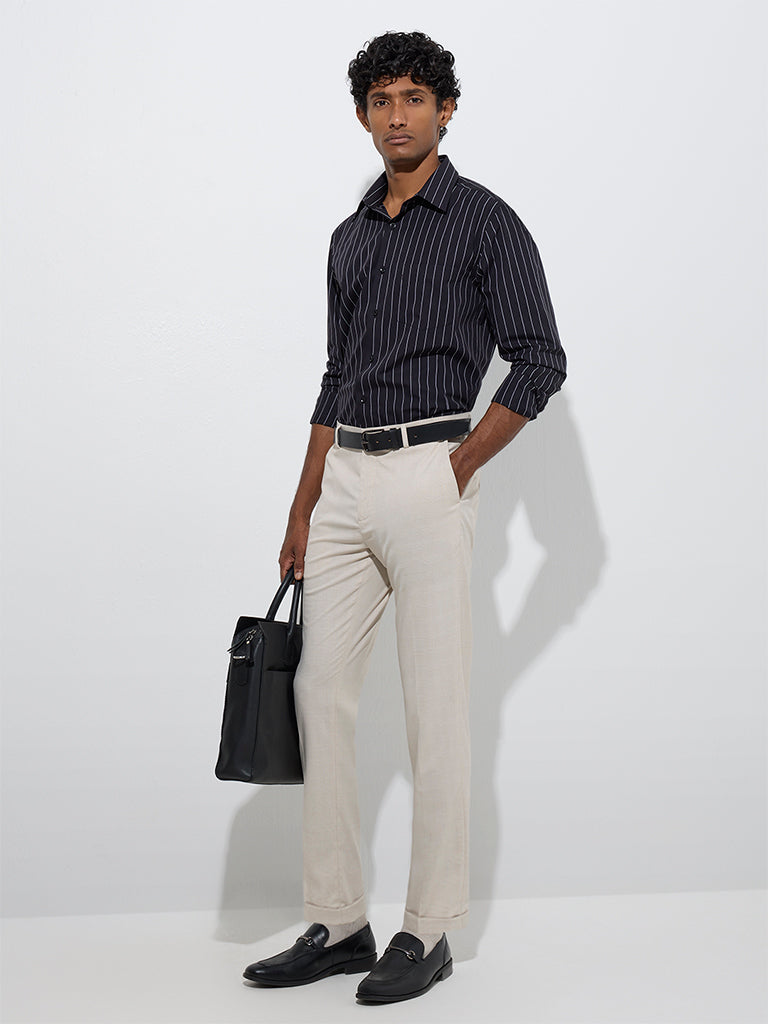 WES Formals Black Striped Slim-Fit Cotton Shirt