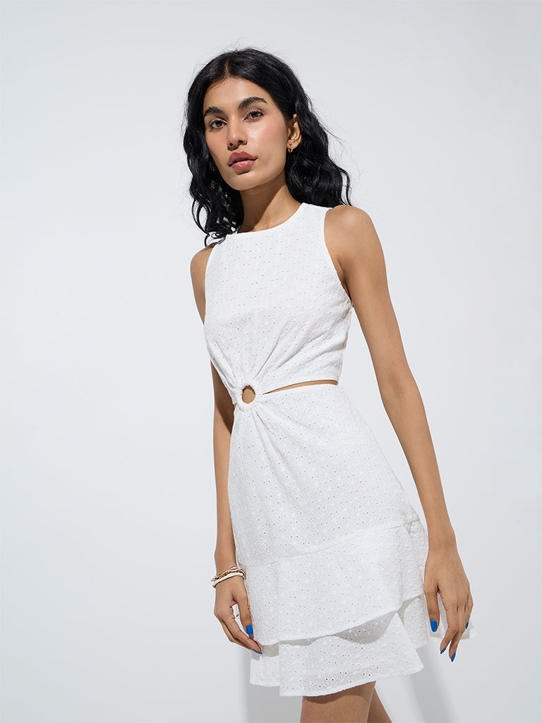 Bombay Paisley White Embroidered A-Line Cotton Dress