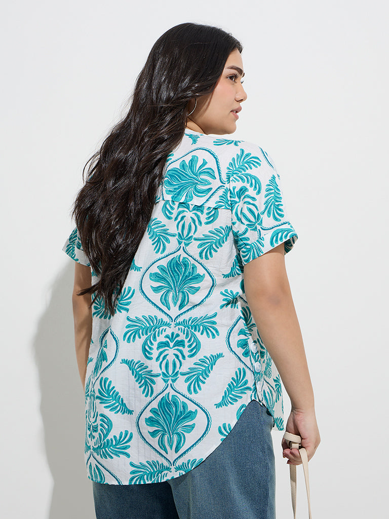 westisde Gia Women's Aqua Botanical Pattern Blouse for Casual Wear Back View