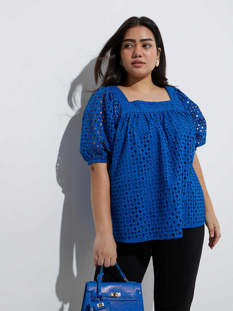 Gia Blue Schiffli Embroidered Cotton Top